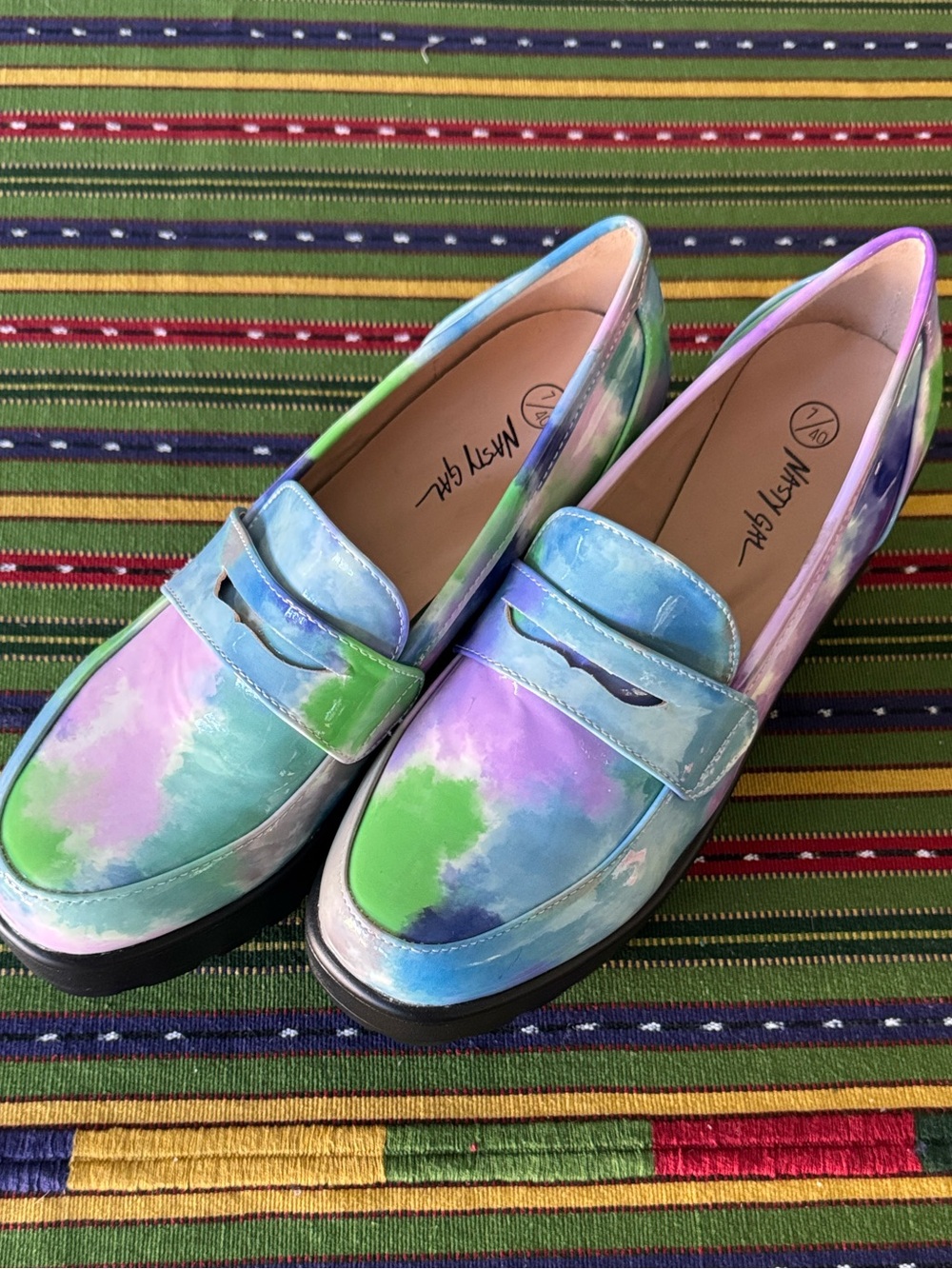 Nasty Gal Vegan Leather Chunky Penny Loafers Pastel Tie Dye Size 7 - Picture 6 of 12